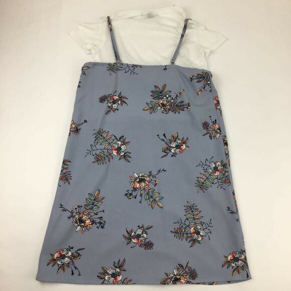 Fire Girls A-Line Dress Blue White Floral Crew Neck Short Sleeve Stretch L 10-12 - Picture 3 of 5